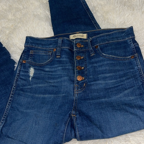 Madewell Dark Denim Distressed Frayed Hem 10” High Rise Skinny Jeans - Picture 2 of 3